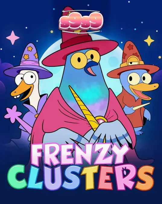 Tampilan visual antarmuka permainan slot Frenzy Clusters dengan karakter pahlawan dan grid simbol berwarna-warni.